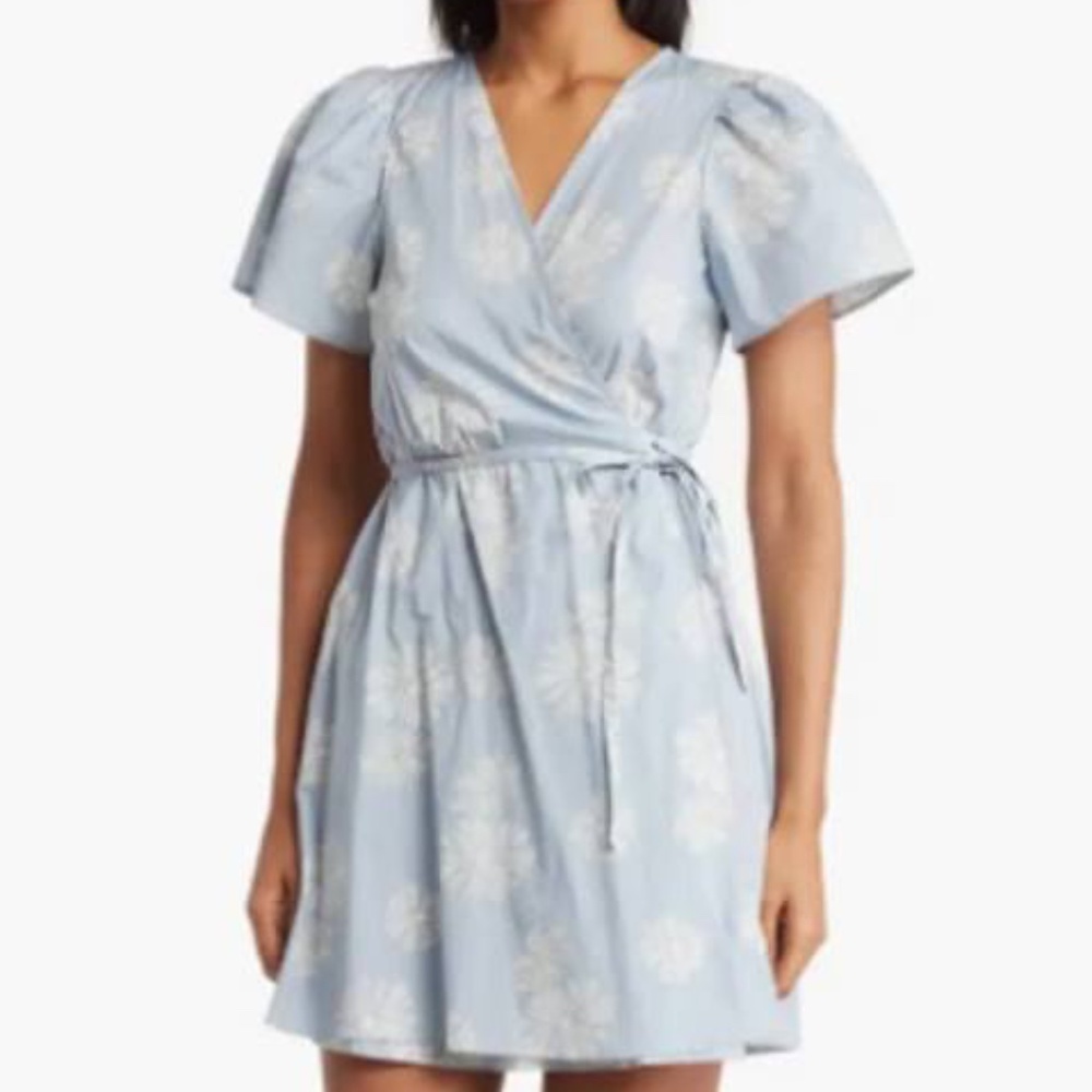 New"MADEWELL Wrap Floral Print Wrap Minidress~MEDIUM~ in Misty blue& white